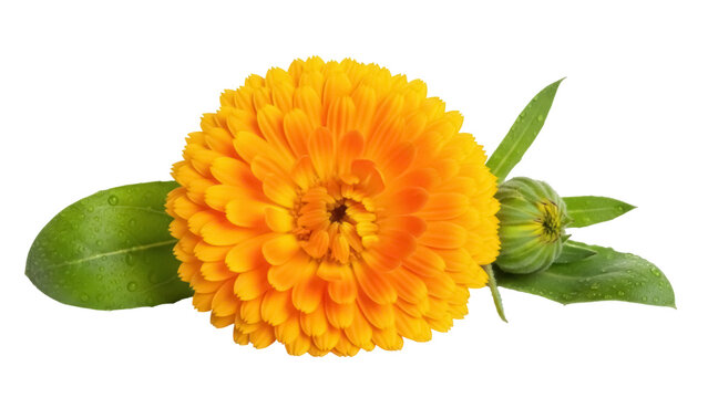 Bright orange calendula flower isolated PNG on transparent background, vibrant blossom with green leaves and bud for natural beauty and herbal remedy concepts