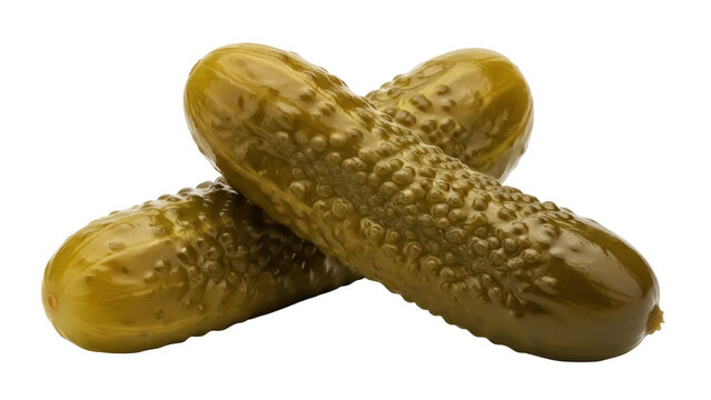 Two pickled cucumbers isolated PNG on transparent background, fermented dill pickles with bumpy texture for food and snack concepts
