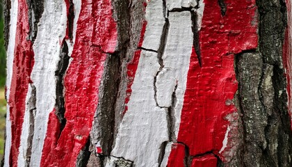 close up of a tree trunk featuring textured bark with patches of red and white paint creating an abstract and colorful contrast