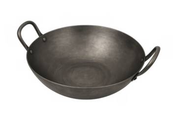 Empty traditional indian kadai pan, cast iron cooking utensil with handles, kitchenware on transparent background