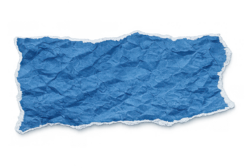 Crumpled blue paper piece with torn edges, texture surface, blank grunge parchment scrap transparent background