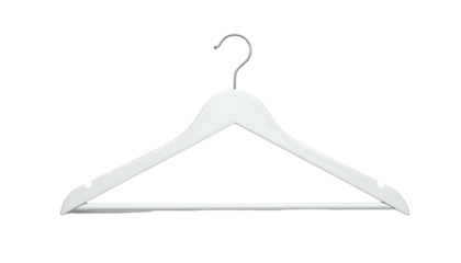 A sleek, modern white wooden hanger with a curved chrome hook against a black backdrop