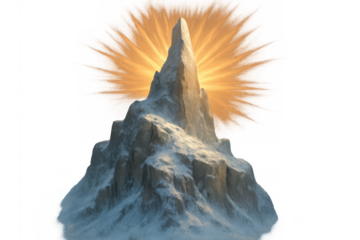 Mountain peak glowing with divine light, snow-capped summit rising to the top, fantasy scene on transparent background