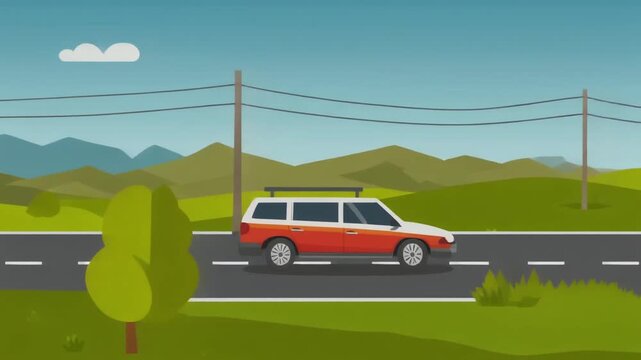 Road trip vector with car driving through countryside