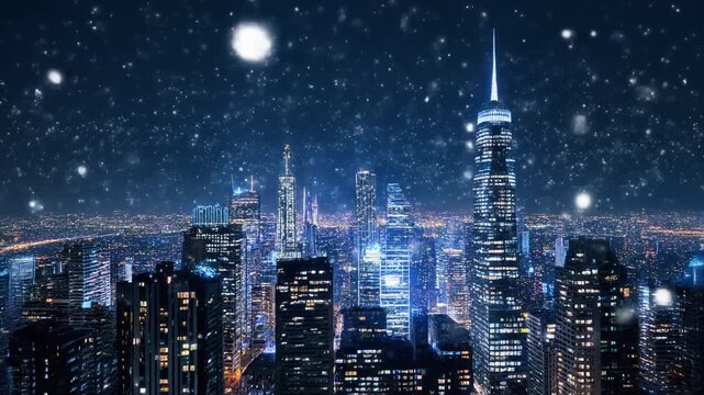 Snow particles drifting slowly over modern city skyline at night