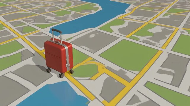 Summer travel animation with suitcase moving across map lines