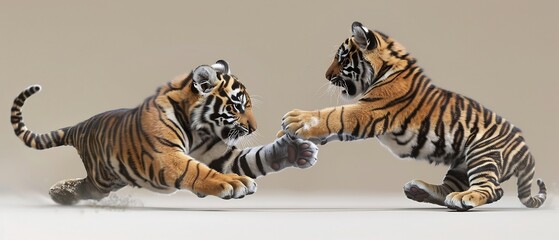 Detailed tiger cub pouncing sibling playful interaction cinematic contrast photorealistic accuracy 8k high fidelity plain neutral background raw DSLR photo natural daylight lifelike sharp detail