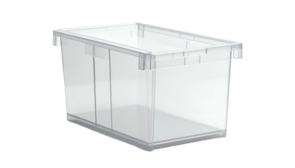 Clear plastic storage bin with handles, transparent, empty, on black background