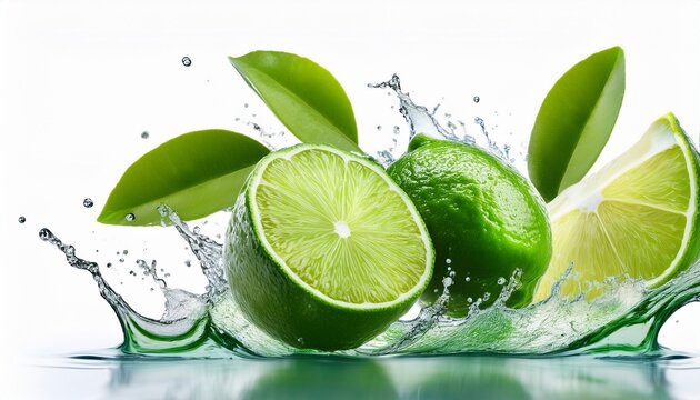 fresh lime splash composition juicy citrus fruits isolated on white background lime citrus juice