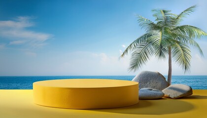 Obraz premium yellow podium palm tree sea rock and floral display product mockup summer scene