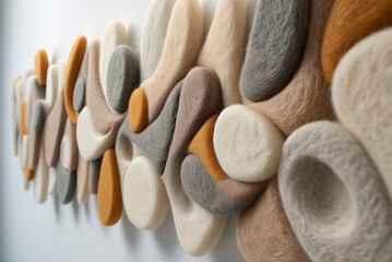 Felt sculpture: Abstract 3D felted wall art with layered textile textures and neutral colors