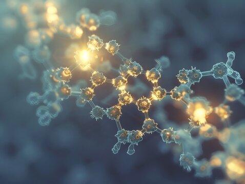 Glowing molecular representation of NADH FADH2 electron transfer within mitochondrion intricate scientific visualization realistic texture perfect symmetry cinematic highlight plain neutral background