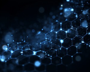 Abstract Digital Network of Hexagonal Blue Glowing Nodes on Dark Background
