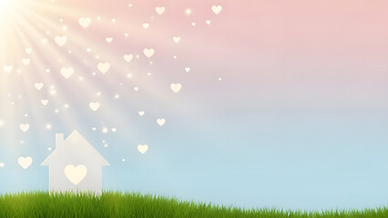 Fototapeta premium Romantic Heart Light Rays Over Green Grass Field Soft Love Background