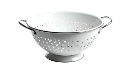 A white, metal, bowl-shaped kitchen strainer with handles and perforations on a dark background