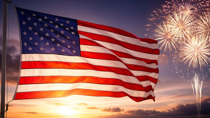 American flag waving with vibrant fireworks at sunset