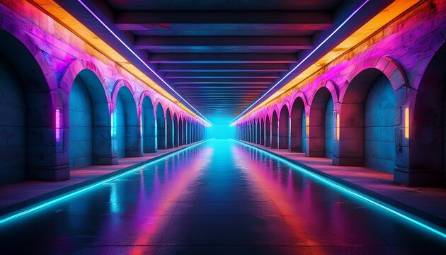 neon illuminated concrete tunnel with reflections abstract architecture - Powered by Adobe