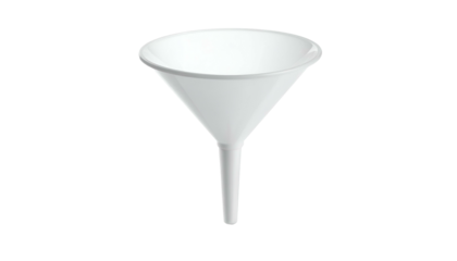 A white, cone-shaped laboratory tool used for pouring liquids or powders