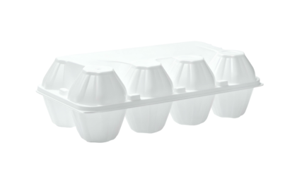 A white, closed egg carton holding six individual egg compartments