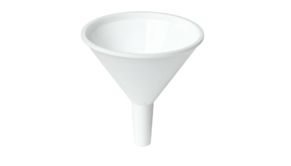 A stark white funnel, with a wide mouth and narrow spout, on a solid black background