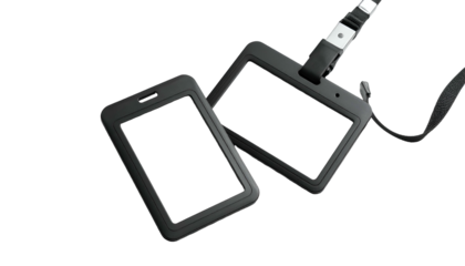 Two black ID badge holders, one on lanyard, isolated on black background