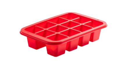 Bright red silicone ice cube tray, empty, showing individual square compartments
