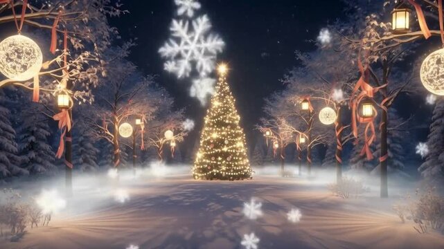 a cozy winter village shines brightly with festive Christmas lights, festive scene, festive background, Christmas ambience background, Christmas background videos, Holiday Stock Footage