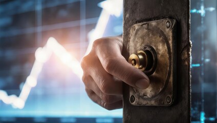 Hand turning a vintage brass knob with a glowing futuristic interface in the background.