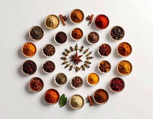 Obraz premium Vibrant and Aromatic Spice Collection Artfully Arranged on a Pristine White Background, Showcasing Diverse Culinary Herbs and Seasonings for Global Kitchens
