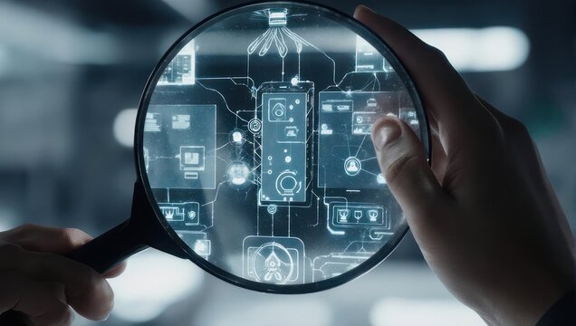 Magnifying Glass Over Futuristic Digital Interface. - Powered by Adobe
