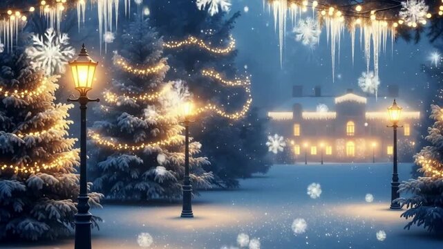 a cozy winter village shines brightly with festive Christmas lights, festive scene, festive background, Christmas ambience background, Christmas background videos, Holiday Stock Footage