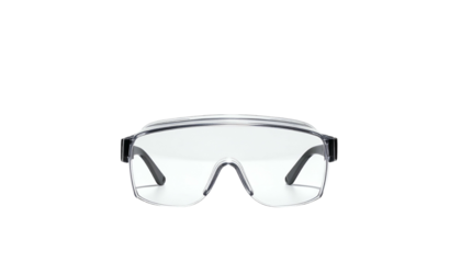 Clear protective eyewear with dark temples. Transparent lenses and frame, isolated