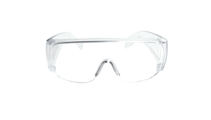 Transparent safety goggles with clear lenses, contoured for eye protection, on black