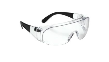 Clear safety eyewear with black temples and a wraparound design isolated on black