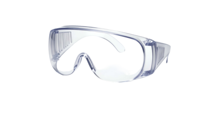 Transparent protective eyewear, likely safety goggles, against a dark background