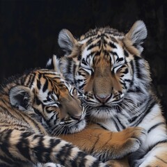 Fototapeta premium Tiger cub resting sibling after playful wrestling cinematic gentle tone photorealistic fur detail full 8k definition plain neutral background raw DSLR photo natural daylight lifelike sharp detail