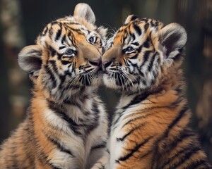 Obraz premium Tiger cub biting gently sibling ear playful mood cinematic warm grading hyper realistic texture 8k proportionate anatomy plain neutral background raw DSLR photo natural daylight lifelike sharp detail