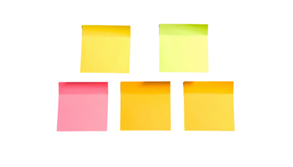 Five colorful square sticky notes arranged against a stark black background