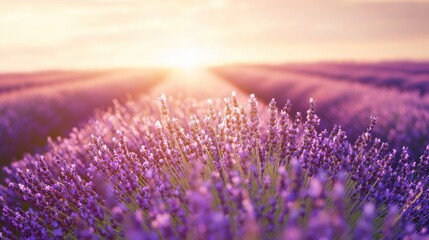 Obraz premium Lavender fields bloom under the warm light of the setting sun, filling the air with fragrance and showing vibrant colors of nature in the evening
