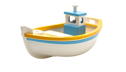 Simple, cartoon-like boat with light blue, yellow, and white colors, and a small cabin