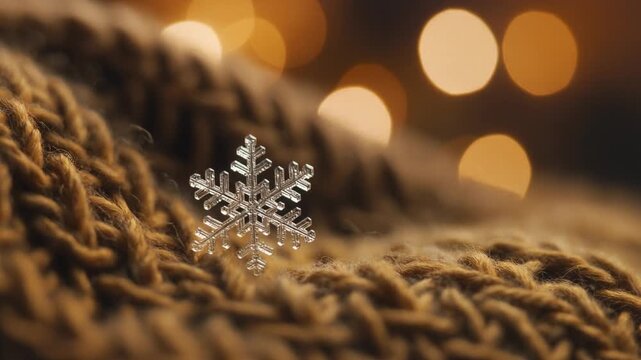 A single, delicate snowflake resting on a warm, knitted brown fabric with blurred golden lights in the background.