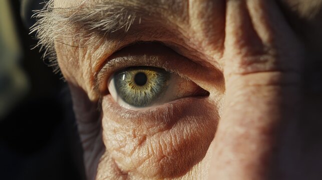 An older man gazes ahead with focus, his eyes showing a life filled with memories. The setting suggests contemplation and a deep connection to his past
