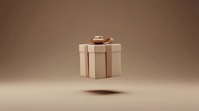 A minimalist light brown gift box with a ribbon and bow floating on a matching background, casting a shadow.