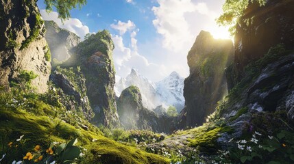 Tall mossy cliffs stand under bright sunlight with snow-capped mountains in the distance, while flowers bloom in the green valley below