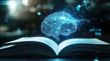 An open book sits in a dynamic setting as a digital brain forms above it, blending knowledge with technology and creativity in a modern environment