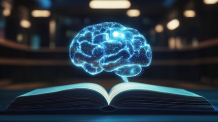 Obraz premium A book lies open on a table in a library. An AI brain floats above the pages, symbolizing knowledge and technology blending together