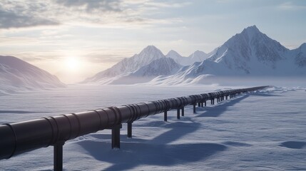 A long oil pipeline crosses a snowy expanse leading to mountain ranges under a colorful sky during sunset in a cold environment