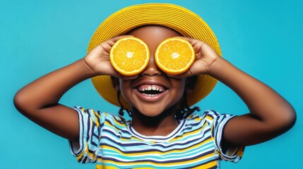 Child shows happiness while playing with two oranges in front of the face. The child wears a yellow hat and a striped shirt. The background is bright blue