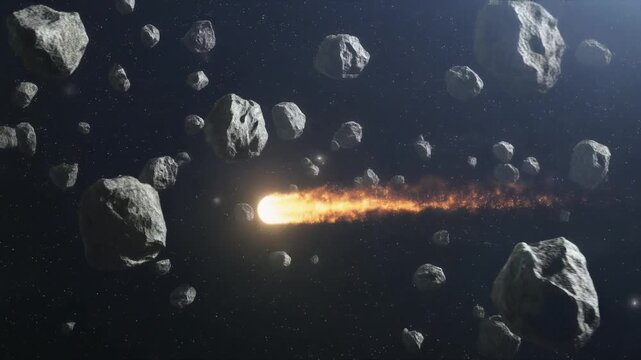 Burning Comet Flying Through Asteroid Belt　小惑星帯を突き進む燃える彗星の宇宙背景　フルHD　動画