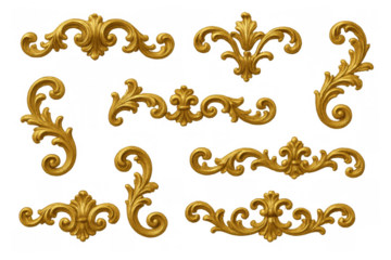 Golden baroque ornament set with vintage filigree swirls on a transparent background, decorating frames and borders